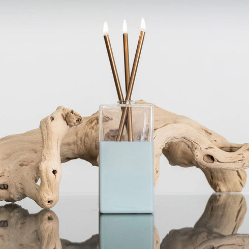 modern everlasting candle, scent-free and clean-burning, in champagne, misty blue <span class='visuallyhidden'>Call, text 323-404-2959 for shopping help.</span>