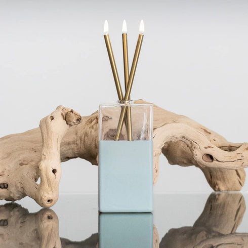 modern everlasting candle, scent-free and clean-burning, in gold, misty blue <span class='visuallyhidden'>Call, text 323-404-2959 for shopping help.</span>