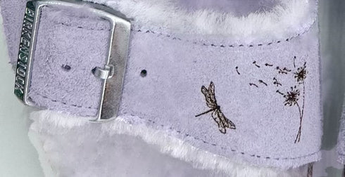 shearling suede sandal in purple fog size 8, with dandelion & dragonfly custom burn detail <span class='visuallyhidden'>Call, text 323-404-2959 for shopping help.</span>