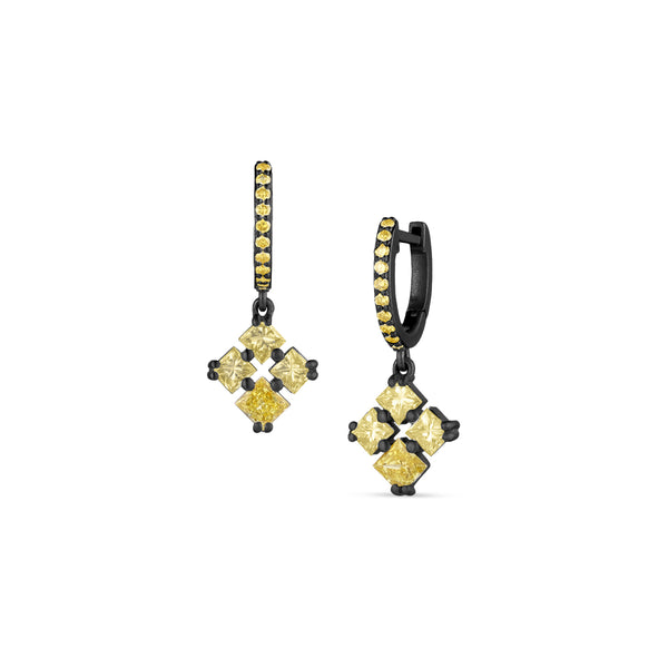 fancy lemon yellow diamonds quatro drop earring with yellow diamond huggie hoop, in 18k black gold <span class='visuallyhidden'>Call, text 323-404-2959 for shopping help.</span>