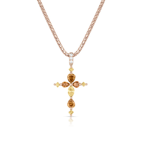 fancy mixed colors, mixed shapes petite diamond cross pendant necklace<br>up close, in 18k rose gold <span class='visuallyhidden'>Call or text 323-404-2959 for shopping assistance</span>