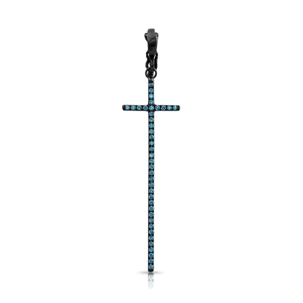 Dominique Cohen tall narrow diamond cross enhancer, hinged bail, in blue diamonds and 18k black gold <span class='visuallyhidden'>Call, text 323-404-2959 for shopping help.</span>