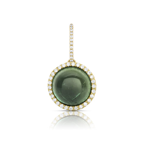 round cabochon enhancer with diamond surround and diamond-faced smooth-back bail, size small, in limited edition green tourmaline and 18k yellow gold <span class='visuallyhidden'>Call, text 323-404-2959 for shopping help.</span>