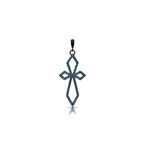 Dominique Cohen delicate art deco cross with hinge bail<br>in blue diamonds and 18k black gold <span class='visuallyhidden'>Text, call 323-404-2959 for shopping help.</span>