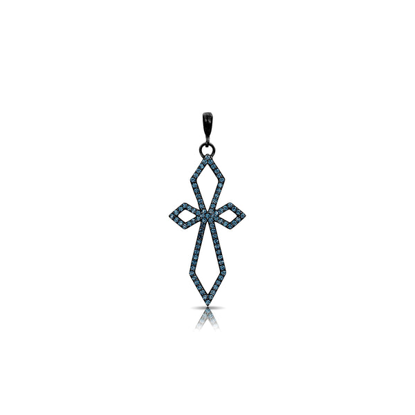 Dominique Cohen delicate art deco cross with hinge bail<br>in blue diamonds and 18k black gold <span class='visuallyhidden'>Text, call 323-404-2959 for shopping help.</span>