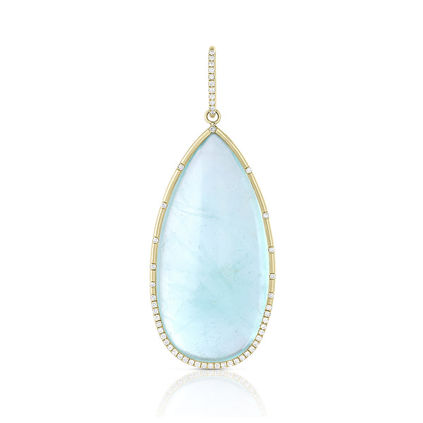 aquamarine cabochon teardrop pendant (large), <br>in 18k yellow gold, <br>0.39cts of diamond accents