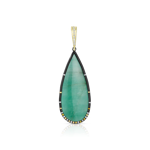 limited edition emerald, diamond, yellow diamond teardrop enhancer on hinged bail in yellow and black golds<span class='visuallyhidden'>; shop help at 760-978-9297.</span>