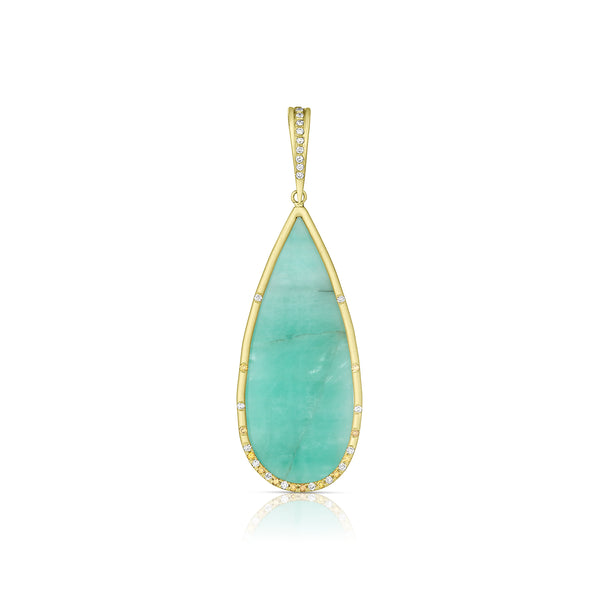 limited edition emerald, diamond, yellow diamond teardrop enhancer on hinged bail<span class='visuallyhidden'>; shopping help at 323-404-2959.</span>