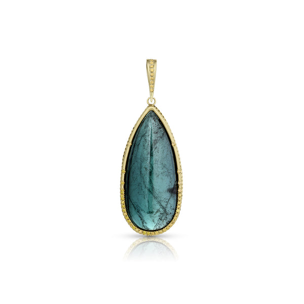 one of a kind teal tourmaline and yellow diamond large enhancer on hinged bail<span class='visuallyhidden'>. Text, phone 323-404-2959 for shop help.</span>