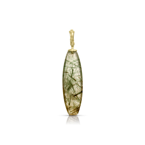 Dominique Cohen rutilated polished quartz enhancer with 18k gold hinged bail<span class='visuallyhidden'>; shop help at 760-978-9297.</span>