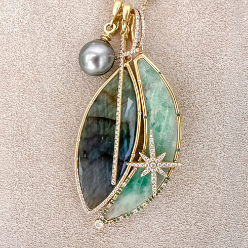 swap for little sis in this quartet with our labradorite navette, narrow cross, and Tahitian pearl enhancers<span class='visuallyhidden'>; shop help at 760-978-9297.</span>
