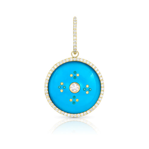 Dominique Cohen round sleeping beauty turquoise and diamond enhancer with emerald + white and yellow diamond detailing<span class='visuallyhidden'>; shop help at 760-978-9297.</span>