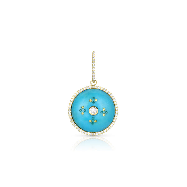 Dominique Cohen round sleeping beauty turquoise and diamond enhancer with emerald + white and yellow diamond detailing<span class='visuallyhidden'>; shop help at 760-978-9297.</span>