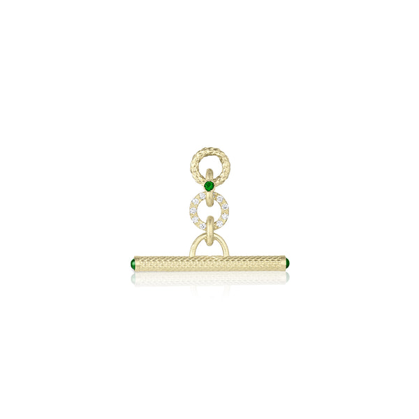 Dominique Cohen 25mm toggle bar enhancer with emerald end caps + diamond accents, in 18k yellow gold<span class='visuallyhidden'>; shop help at 760-978-9297.</span>