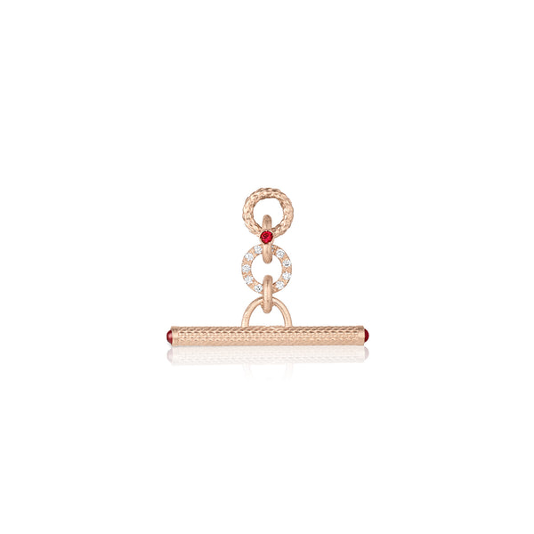 Dominique Cohen 25mm toggle bar enhancer with ruby end caps + diamond accents, in 18k rose gold<span class='visuallyhidden'>; shop help at 760-978-9297.</span>
