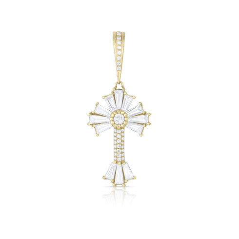 Dominique Cohen limited edition baguette diamond sunburst cross enhancer in yellow gold<span class='visuallyhidden'>Call, text 323-404-2959 for shop help.</span>