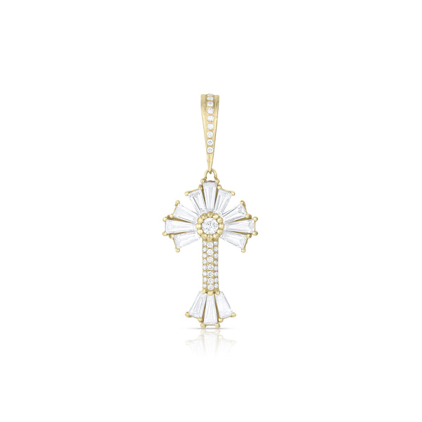 Dominique Cohen limited edition baguette diamond sunburst cross enhancer in yellow gold<span class='visuallyhidden'>Call, text 323-404-2959 for shop help.</span>