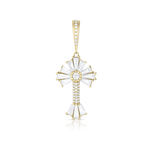 Dominique Cohen limited edition baguette diamond sunburst cross enhancer in yellow gold<span class='visuallyhidden'>Call, text 323-404-2959 for shop help.</span>