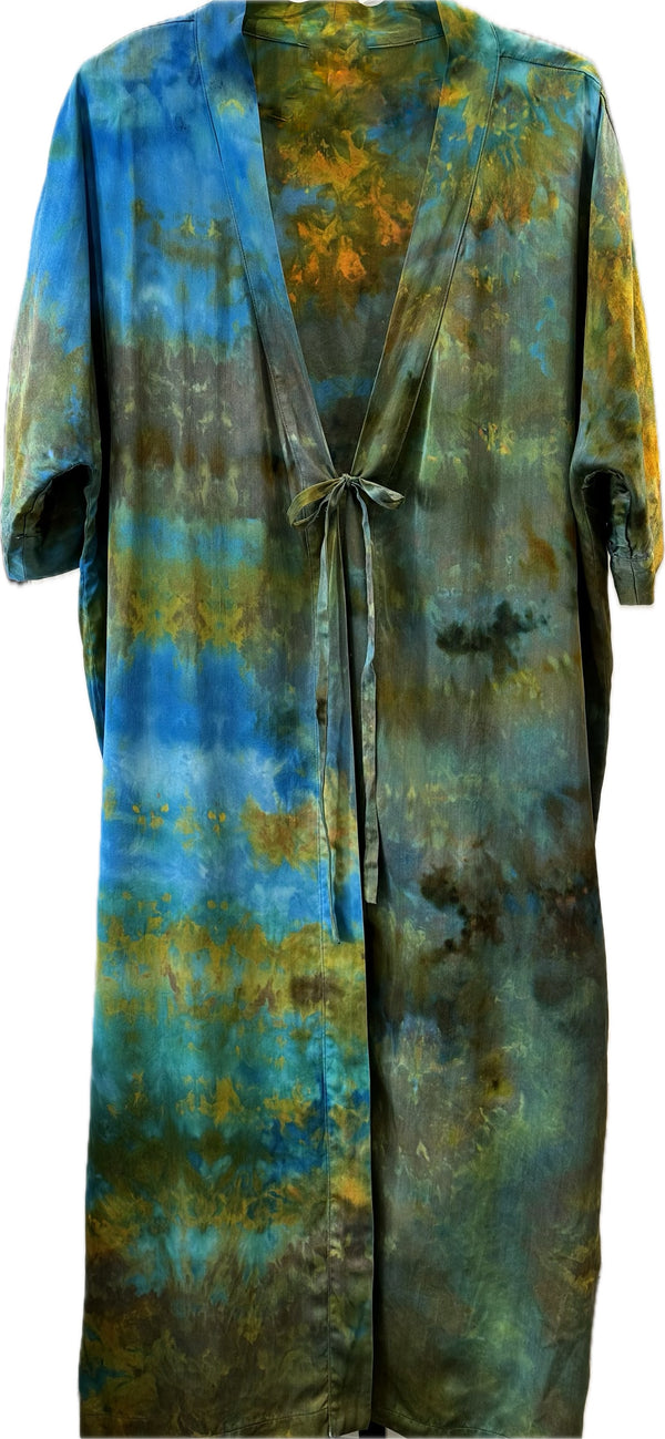 limited edition silk ice dyed kimono in cream + blue + sage <span class='visuallyhidden'>Phone or text 323-404-2959 for shopping assistance</span>