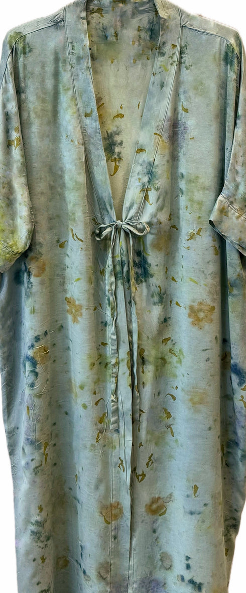 limited edition silk floral dyed kimono in Indigo with pressed flowers<span class='visuallyhidden'>; shop help at 760-978-9297.</span>