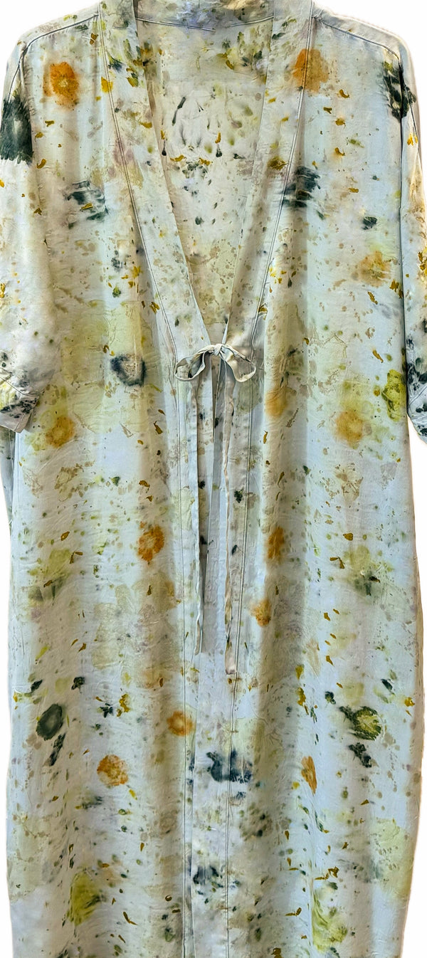 limited edition silk floral dyed kimono in Indigo, perigon with pressed flowers<span class='visuallyhidden'>; shop help at 760-978-9297.</span>