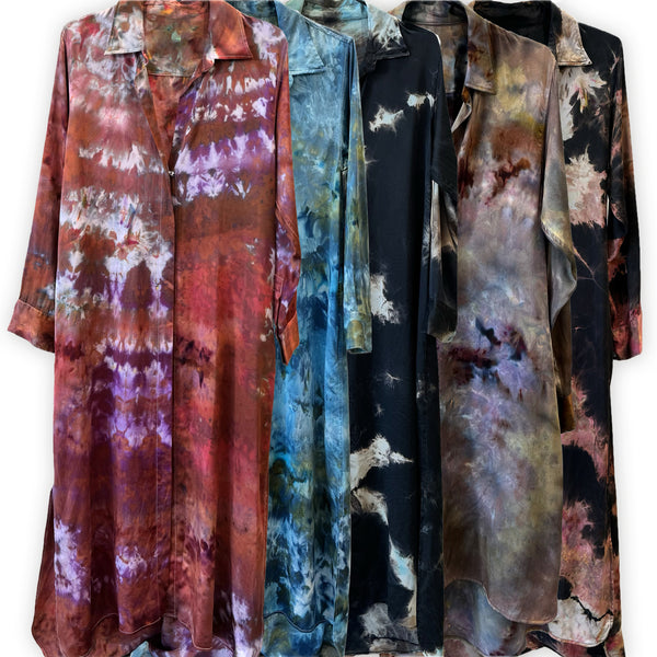Dominique Cohen limited edition hand-dyed silk shirt dresses, in five multi-died colorways<span class='visuallyhidden'>; shopping help at 323-404-2959.</span>