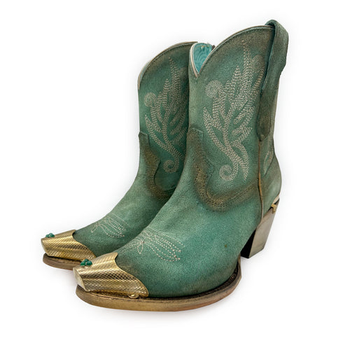 limited edition embroidered suede zipper ankle boot with toe + heel hardware by Dominique Cohen <span class='visuallyhidden'>Text, call 323-404-2959 for shop help.</span>