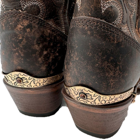 from behind, limited edition embroidery zipper ankle boot with Dominique Cohen hardware <span class='visuallyhidden'>Call or text 323-404-2959 if needing shopping assistance</span>