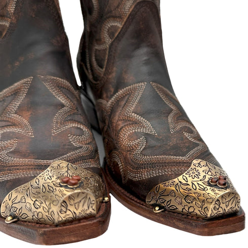 front view, limited edition embroidery zipper ankle boot with Dominique Cohen hardware, in black, brown <span class='visuallyhidden'>Call or text 323-404-2959 if needing shopping assistance</span>