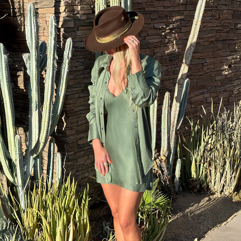 we designed our iron, wheat, denim, onyx, and juniper silk camis (here, paired with our cowboy shirt in the same) two inches longer; minidress!we designed select colorways (see description) long enough to be worn as a minidress! or, we can custom tailor shorter, if you like<span class='visuallyhidden'>; shop help at 760-978-9297.</span>