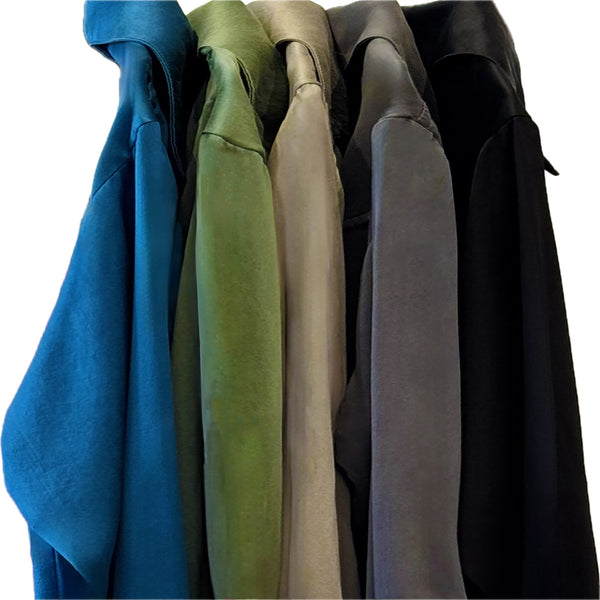 Dominique Cohen handmade silk cowboy shirt, in denim, juniper, iron, wheat and black <span class='visuallyhidden'>Text, phone 323-404-2959 for shopping assistance.</span>