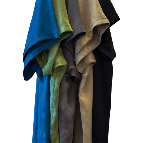Dominique Cohen handmade silk bowling shirts (in denim, juniper, iron, wheat, onyx) <span class='visuallyhidden'>Text, phone 323-404-2959 for shopping assistance.</span>