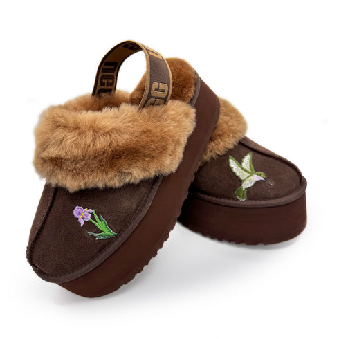 2in platform, in burnt cedar, size 7, with hummingbird and iris details <span class='visuallyhidden'>Shop help at 323-404-2959.</span>