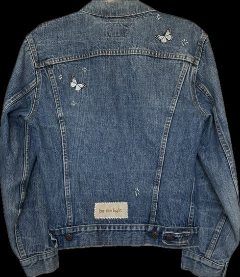 Dominique Cohen up-styled vintage denim jacket, from behind<span class='visuallyhidden'>; shop help at 760-978-9297.</span>