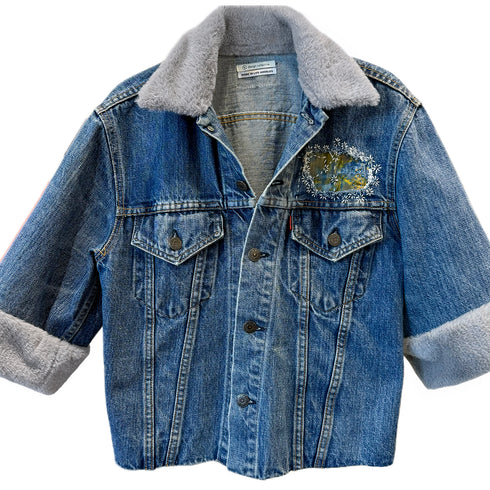 Dominique Cohen up-styled Levis denim classic jacket with faux fur trim, sashiko embroidery, and silk patch<span class='visuallyhidden'>; shop help at 760-978-9297.</span>