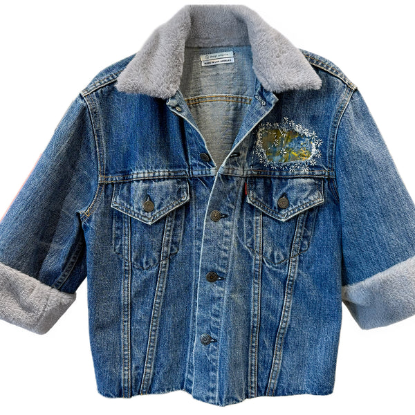 Dominique Cohen up-styled Levis denim classic jacket with faux fur trim, sashiko embroidery, and silk patch<span class='visuallyhidden'>; shop help at 760-978-9297.</span>