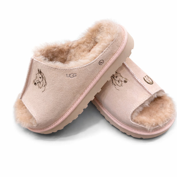 fur lined greenport Ugg slide, in beige blush, with Dominique Cohen horse and horseshoe detailing<span class='visuallyhidden'>Shop help at 323-404-2959.</span>