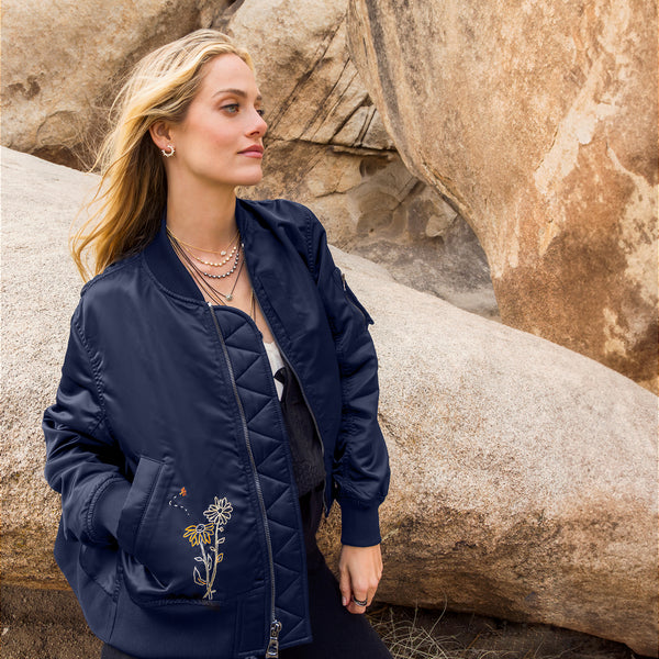 Dominique Cohen limited edition bomber jacket, in navy<br>with custom embroidery up-styling<br>shop the look > vision quest (black jacket sis) <span class='visuallyhidden'>Text, phone 323-404-2959 for shopping assistance.</span>