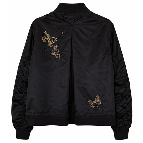 hand-embroidered bomber jacket,<br>in butterflies on black (back)<span class='visuallyhidden'>; shop help at 760-978-9297.</span>