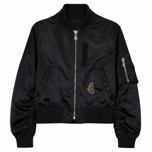hand-embroidered bomber jacket,<br>in butterflies on black (front)<span class='visuallyhidden'>; shop help at 760-978-9297.</span>