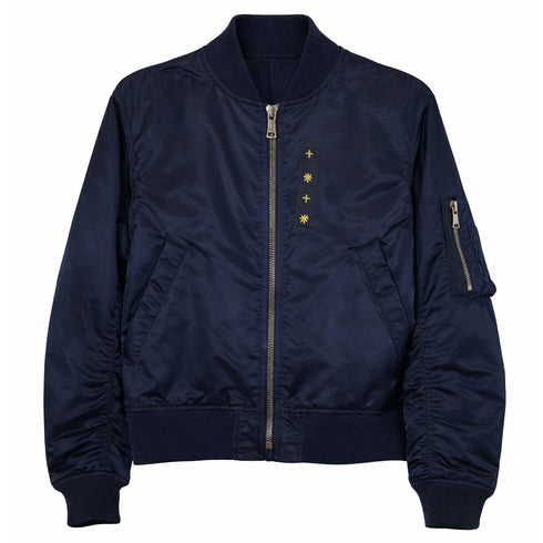 hand-embroidered bomber jacket,<br>in wildflowers on navy (front)<span class='visuallyhidden'>; shop help at 760-978-9297.</span>