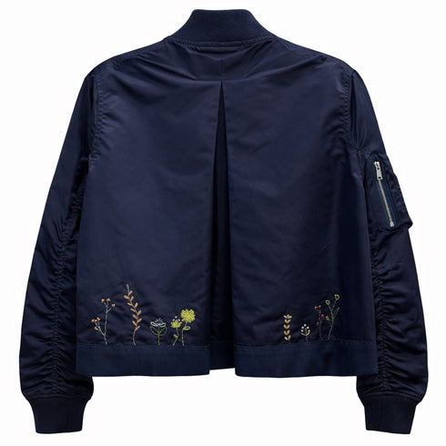 hand-embroidered bomber jacket,<br>in wildflowers on navy (back)<span class='visuallyhidden'>; shop help at 760-978-9297.</span>