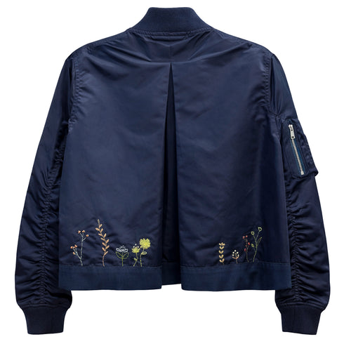 hand-embroidered bomber jacket,<br>in wildflowers on navy (back)<span class='visuallyhidden'>; shop help at 760-978-9297.</span>