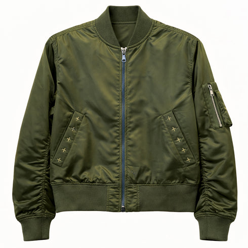 thunderbird motif hand-embroidered bomber jacket, on olive (front)<span class='visuallyhidden'>; shop help at 760-978-9297.</span>