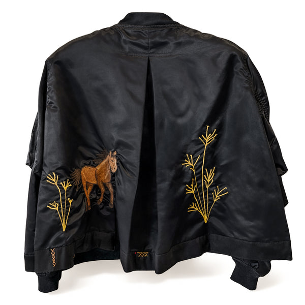 embroidered bomber jacket,<br>in horse motif, on black (back)<span class='visuallyhidden'>; shop help at 760-978-9297.</span>