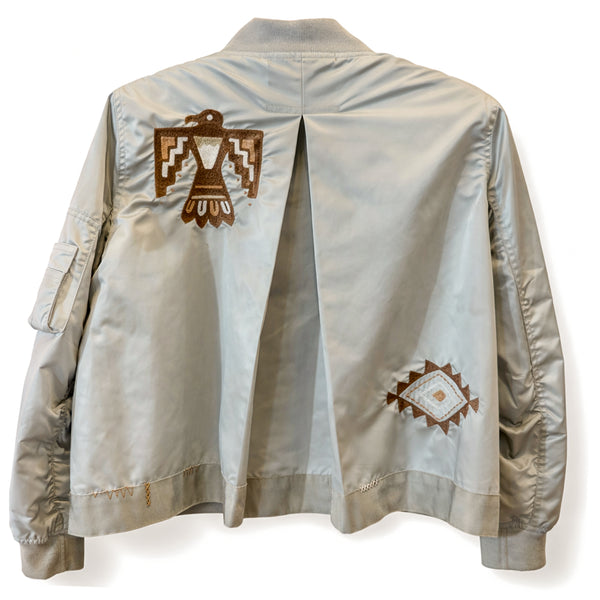 embroidered bomber jacket,<br>in thunderbird on khaki (back)<span class='visuallyhidden'>; shop help at 760-978-9297.</span>