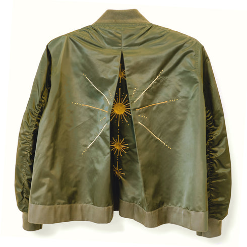 sunburst motif embroidered bomber jacket, on olive (back)<span class='visuallyhidden'>; shop help at 760-978-9297.</span>