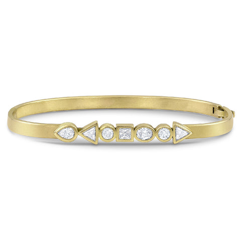 Dominique Cohen diamond mixed shape hinged huggie bangle in yellow gold, head-on view <span class='visuallyhidden'>Call, text 323-404-2959 for shopping help.</span>