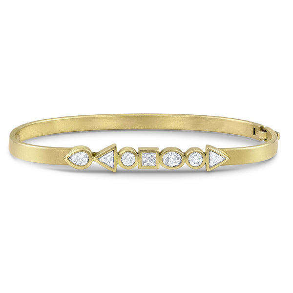 Dominique Cohen diamond mixed shape hinged huggie bangle in yellow gold, head-on view <span class='visuallyhidden'>Call, text 323-404-2959 for shopping help.</span>