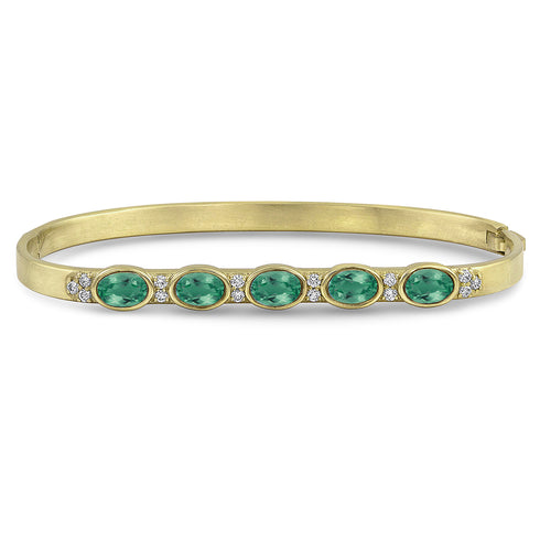 Dominique Cohen custom-fit gemstone bangle in faceted emeralds + white diamonds <span class='visuallyhidden'>Call, text 323-404-2959 for shop help.</span>
